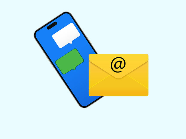 Animated graphic depicting a mobile phone with text bubbles on it, and a yellow envelope with an "@" symbol on it.